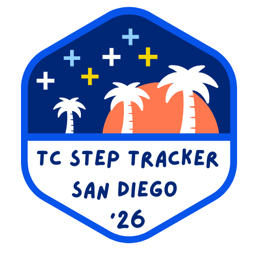 hexagon with palm trees, a sunset, and plusses in the sky. text reads tc step tracker san diego '26.
